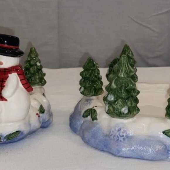 HOME INTERIORS 2 PIECE SNOWMAN DECORATIVE CANDLE JAR TOPPER & BASE HOLDER - Picture 2 of 6